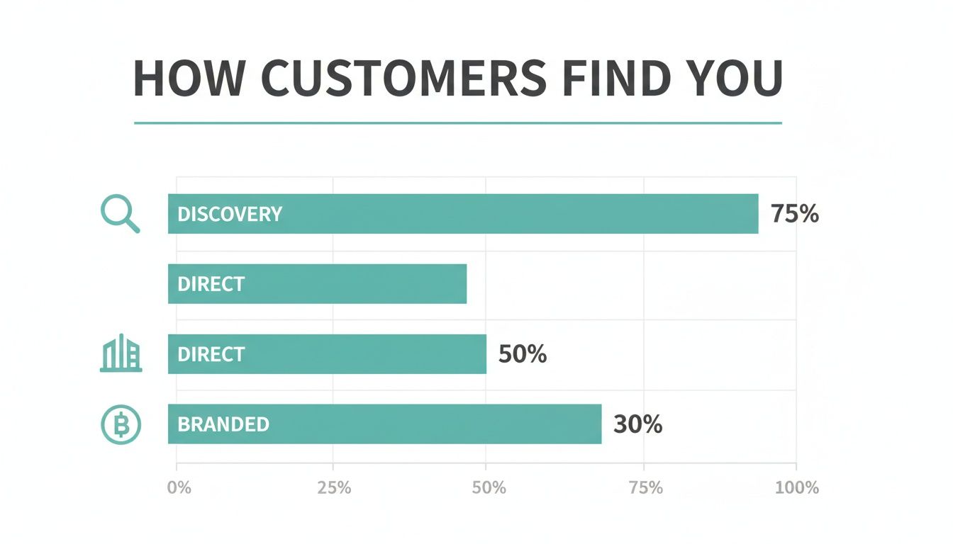 Bar chart showing customer discovery channels: Discovery 75%, Direct (approx. 45%), Direct 50%, and Branded 30%.