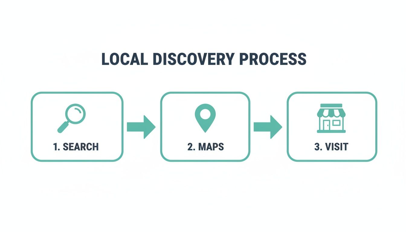 Flowchart illustrating the local discovery process with three steps: search, maps, and visit.