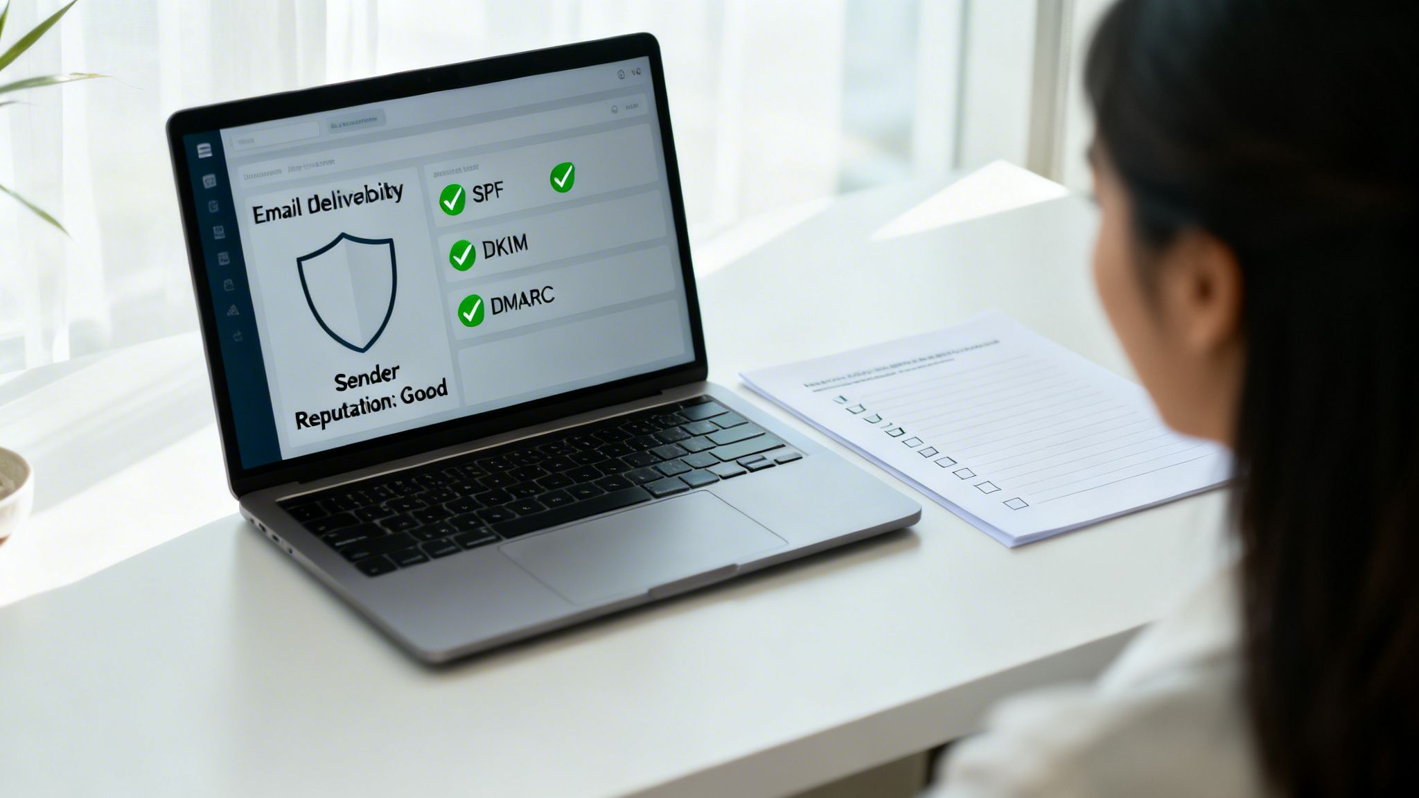 Person reviews email deliverability report on laptop, showing good sender reputation and SPF, DKIM, DMARC passed.