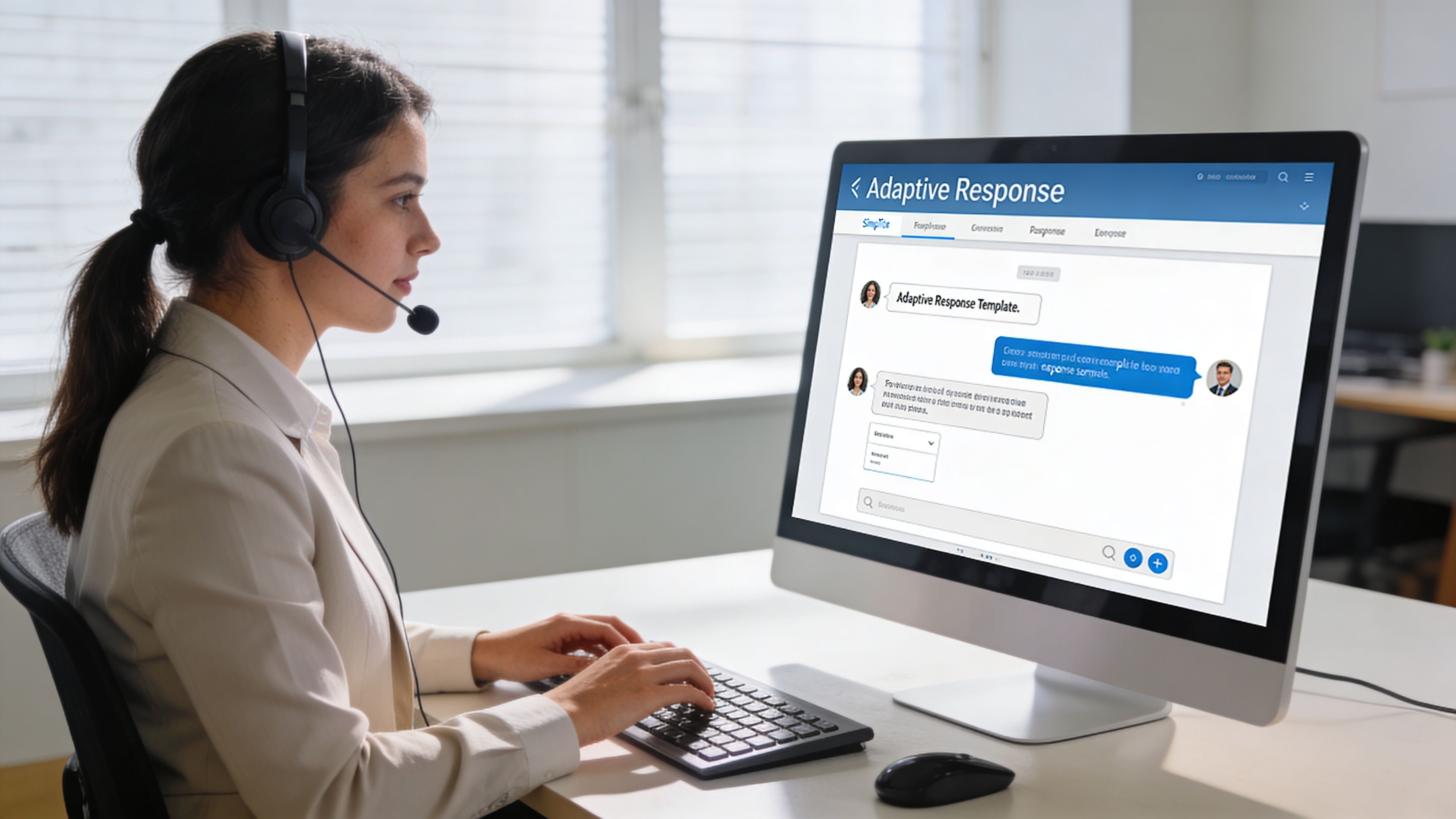 A professional customer service representative wearing a headset and typing on a keyboard at her computer.