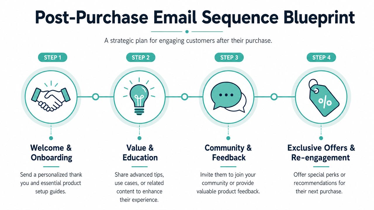 A four-step graphic illustrating a post-purchase email sequence strategy for customer engagement and loyalty.