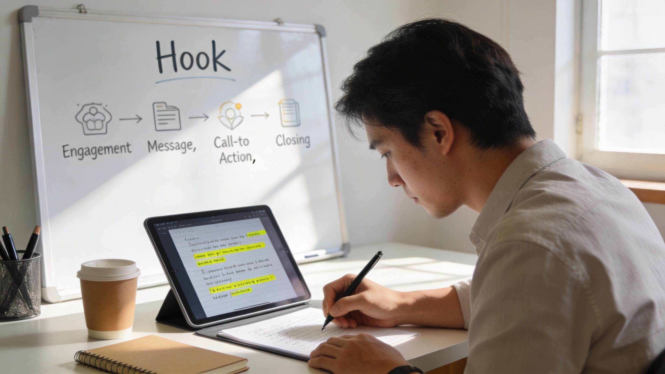 A young man sitting at a desk, writing in a notebook while studying a marketing hook concept on a whiteboard.