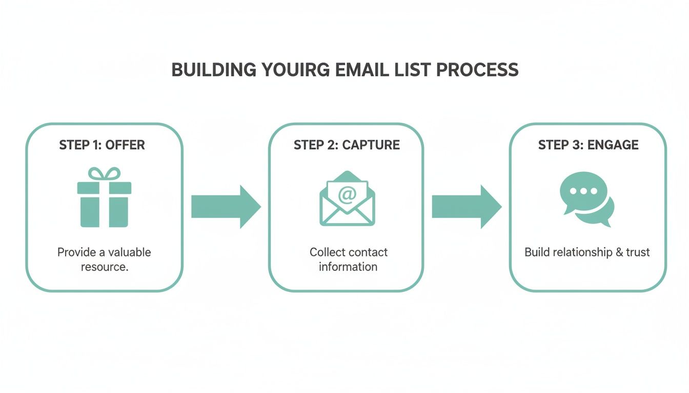 A diagram illustrating a 3-step process to build an email list: Offer, Capture, and Engage.