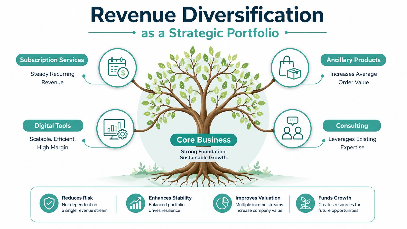 A tree diagram illustrating business revenue diversification strategies like subscription services, digital tools, ancillary products, and consulting.