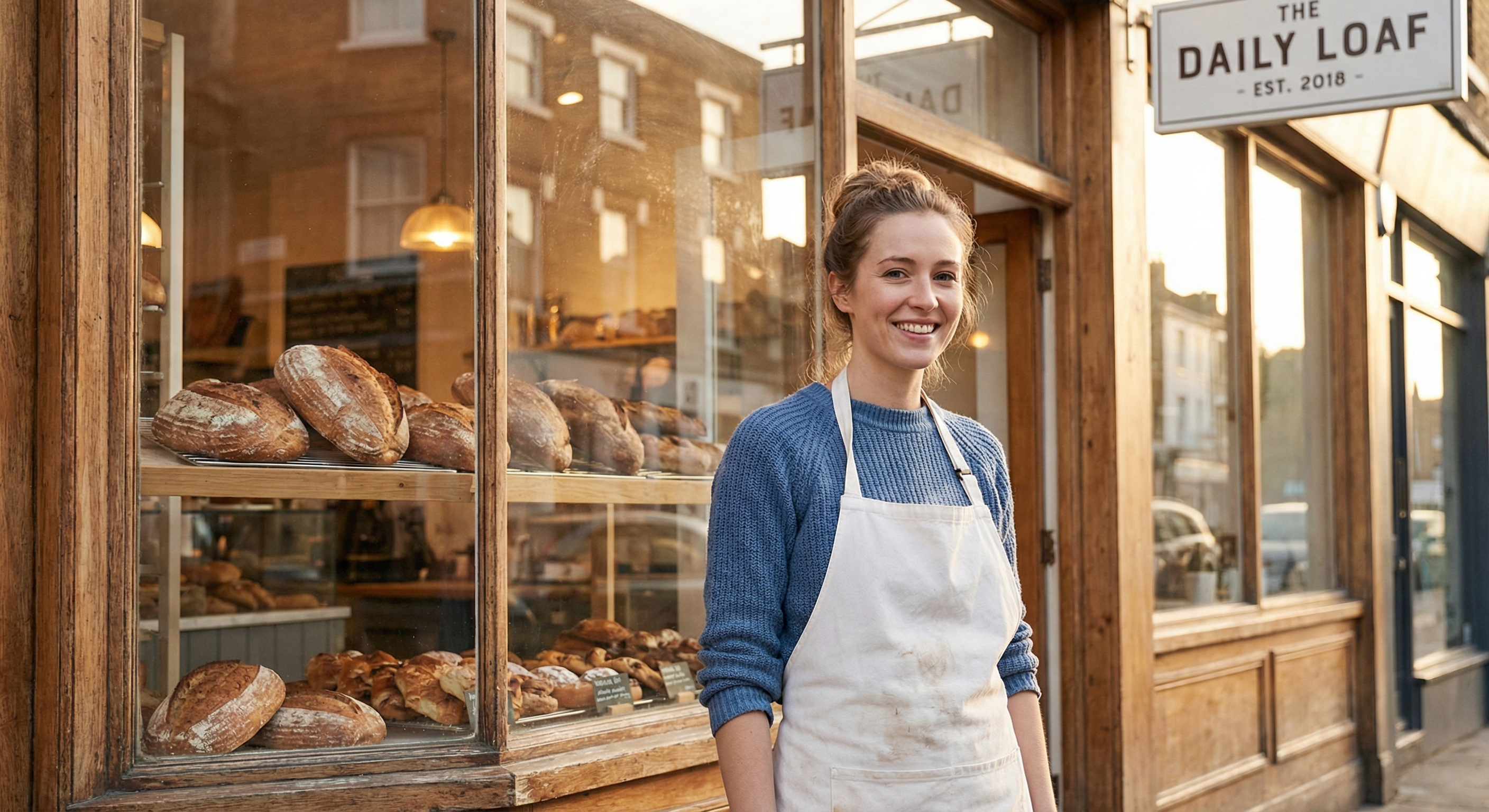 Young bakery owner standing proudly in front of her shop