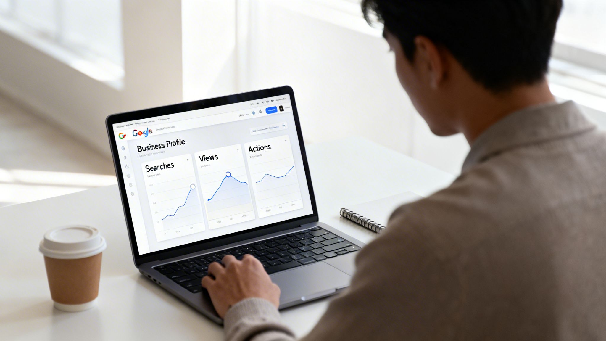 A person views Google Business Profile analytics on a laptop, displaying charts for searches, views, and actions.