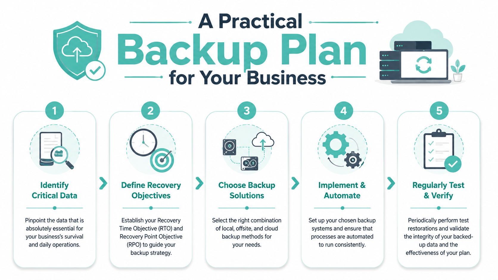 An infographic showing a five-step plan for implementing an effective data backup strategy for businesses.