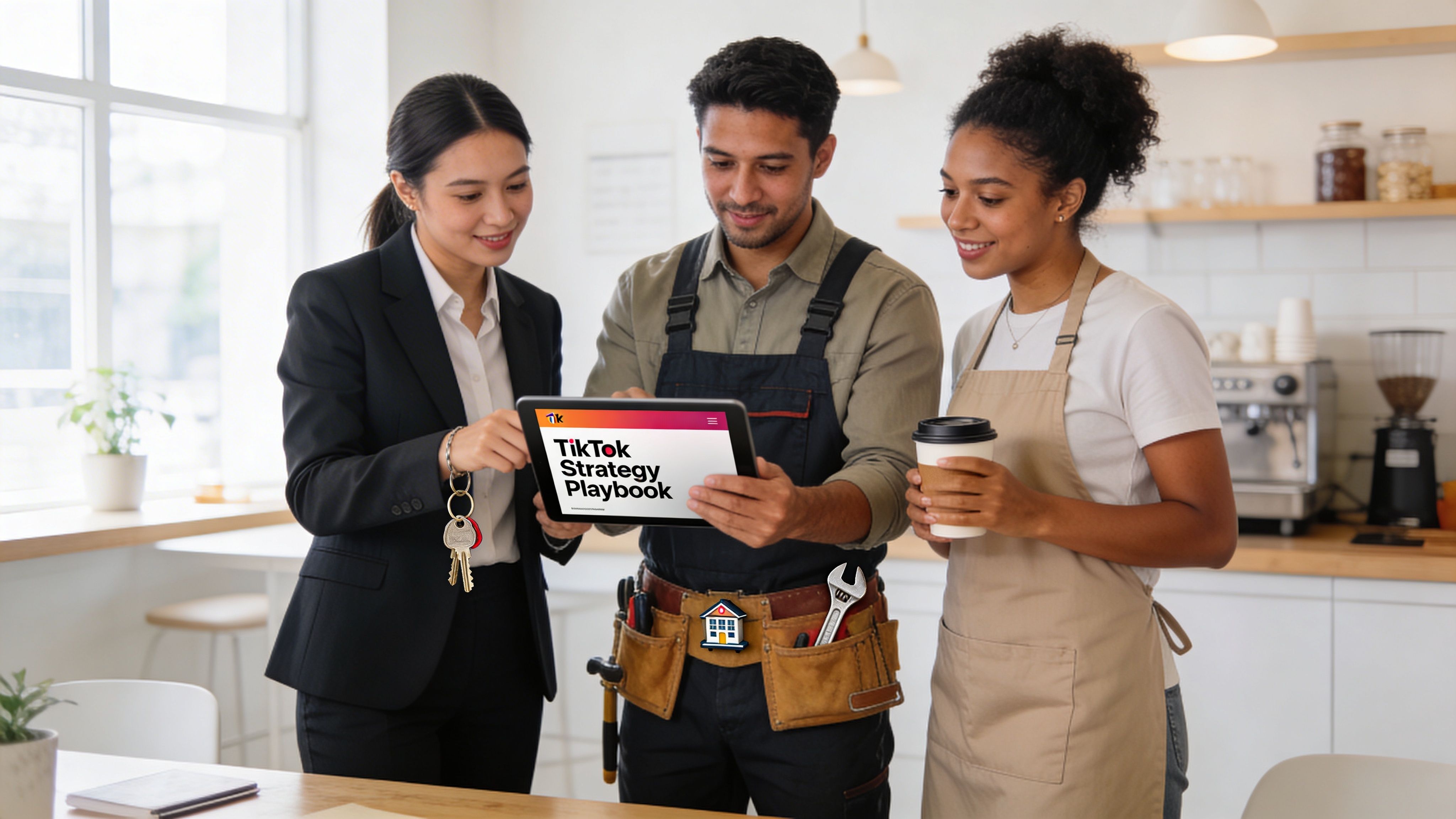 A professional, a tradesperson, and a cafe worker discussing a TikTok strategy playbook on a digital tablet.