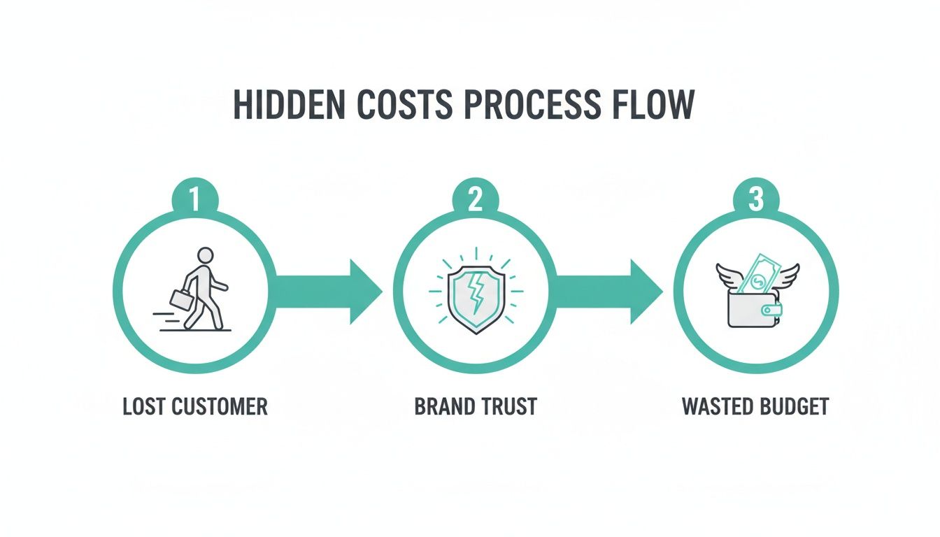 A process flow diagram illustrating hidden business costs: lost customers impact brand trust, leading to wasted budget.