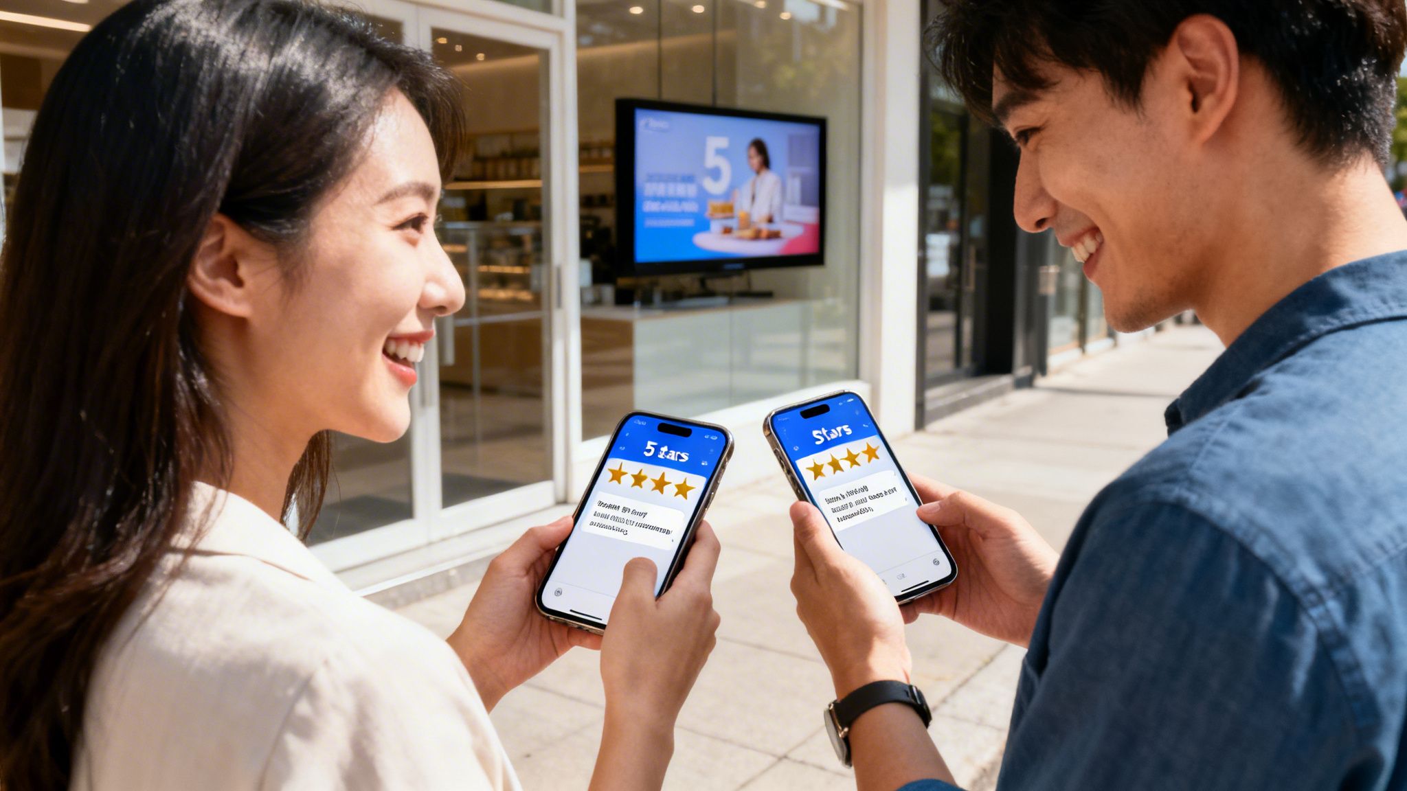 Two smiling individuals outdoors, each holding a smartphone displaying a 5-star rating and positive reviews.