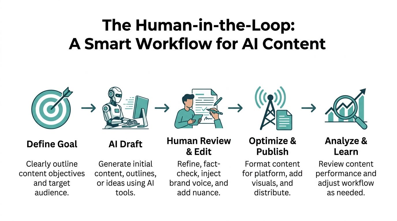 A diagram illustrating a five-step human-in-the-loop workflow for creating content using artificial intelligence tools.