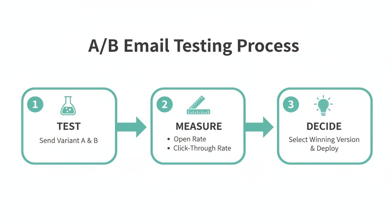 Infographic outlining the A/B email testing process with steps: Test, Measure, and Decide.