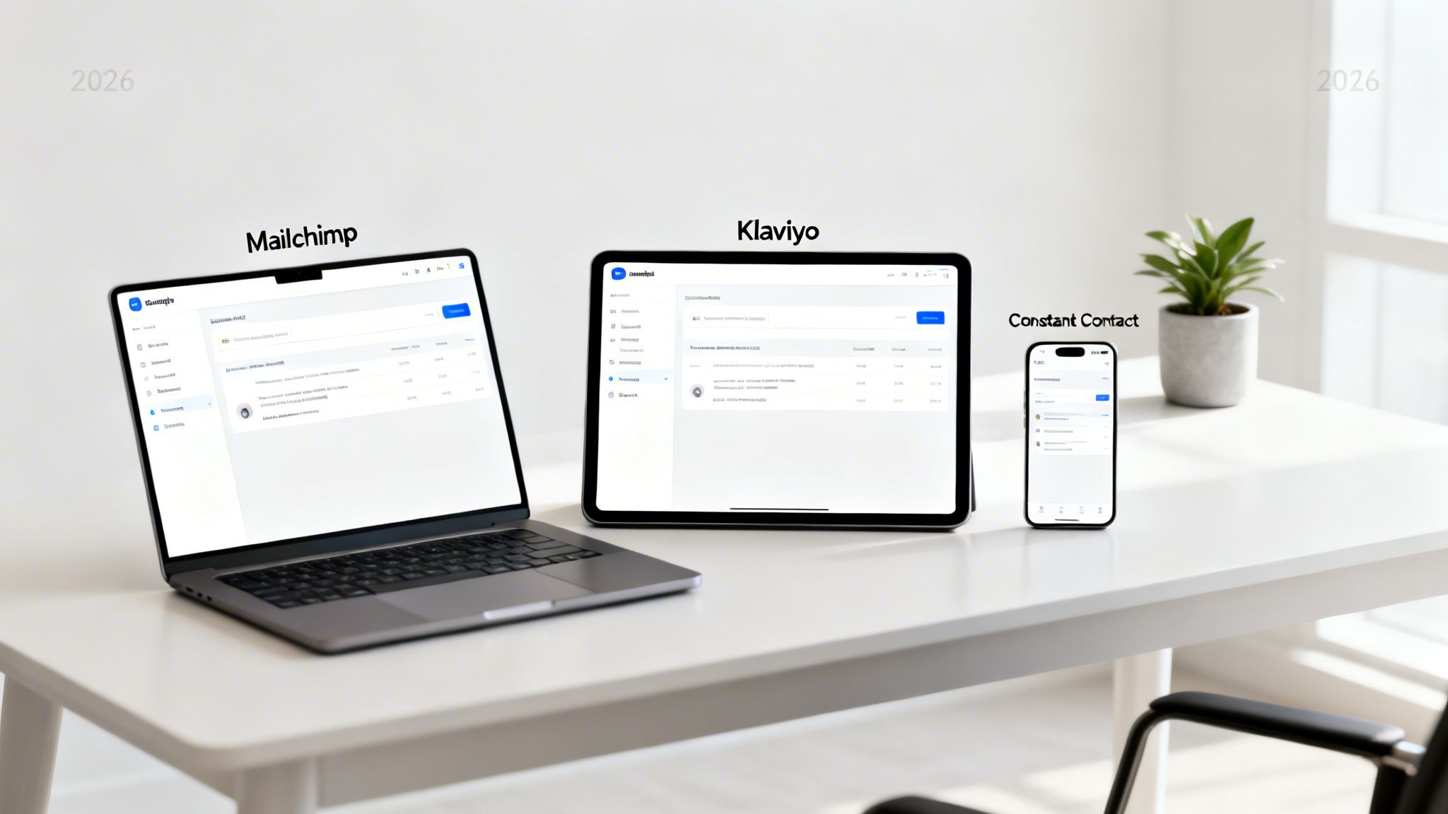 Mailchimp, Klaviyo, and Constant Contact interfaces displayed on a laptop, tablet, and smartphone on a white desk.