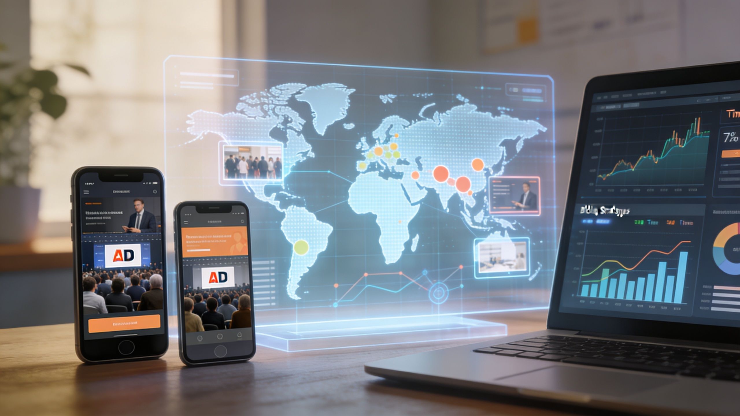 A laptop and two smartphones displaying programmatic video advertising data with a holographic world map overlay.