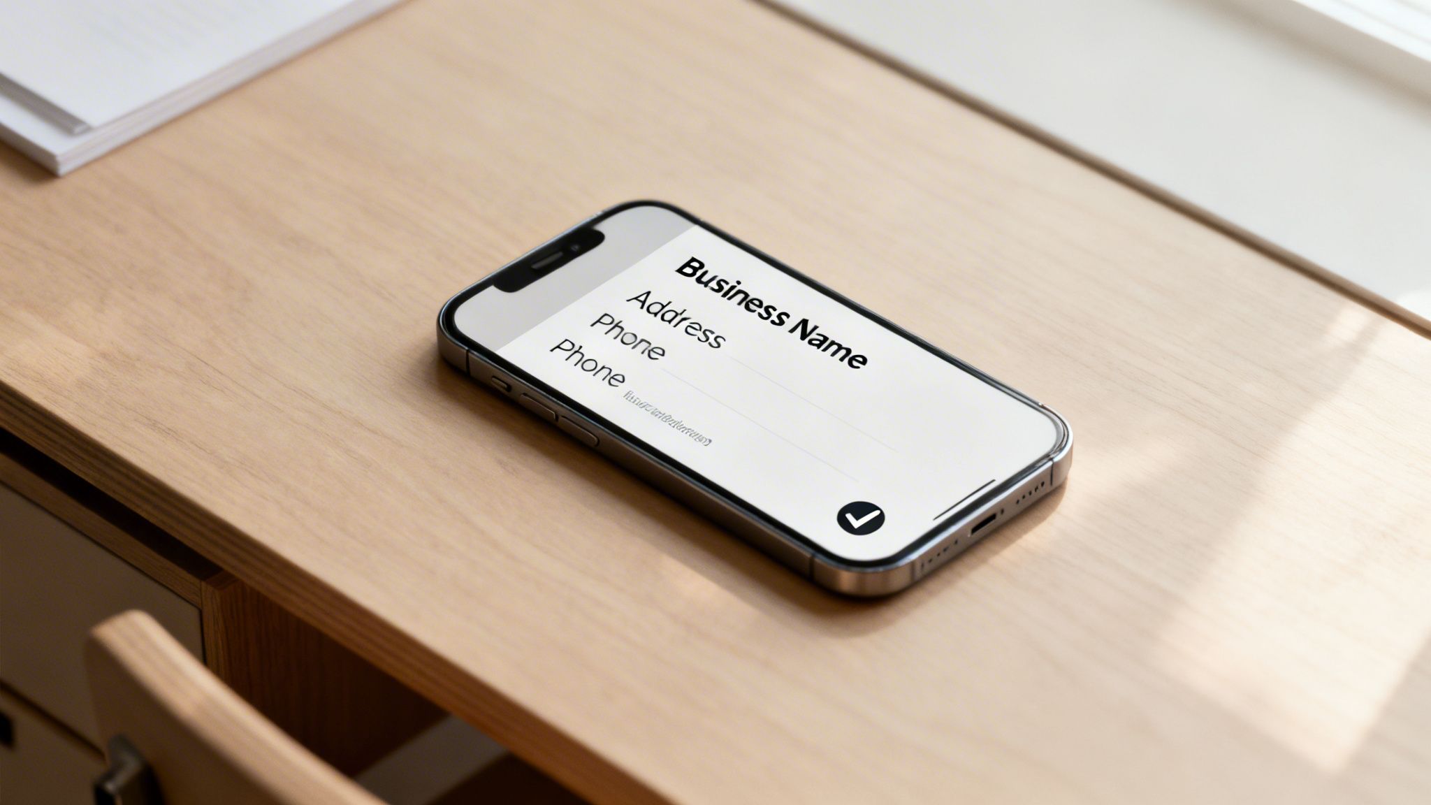 Smartphone on a light wooden desk displaying a business contact form with name, address, and phone.