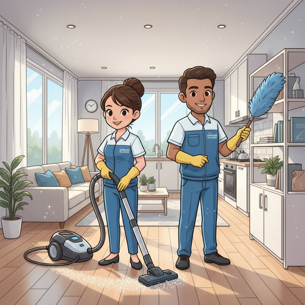 Residential cleaning service team in matching branded uniforms cleaning bright modern home interior with vacuum and cleaning supplies, representing reliable and trustworthy recurring cleaning services for TV advertising campaigns.