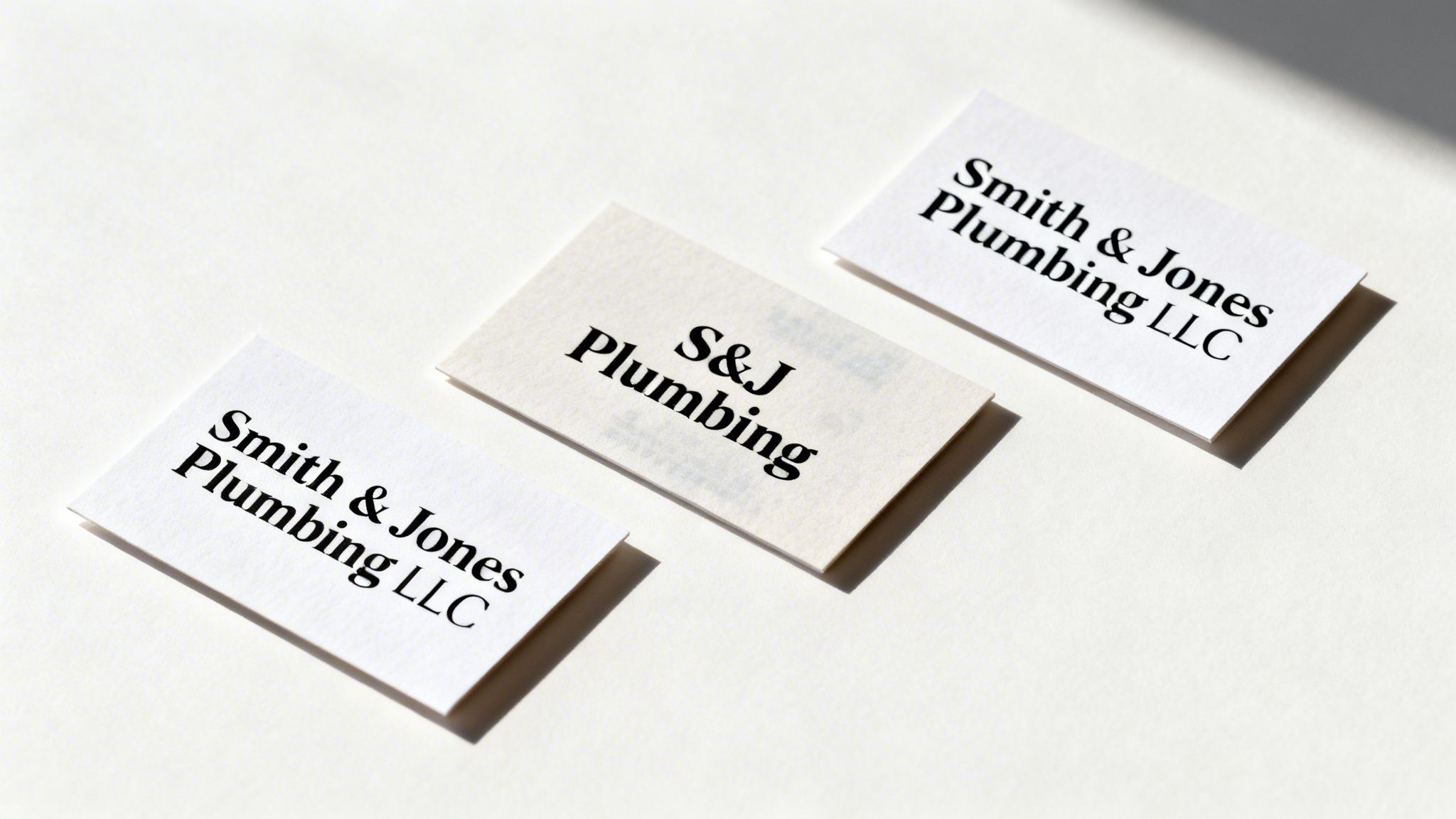 Three white business cards for Smith & Jones Plumbing LLC and S&J Plumbing, displayed on a white surface.