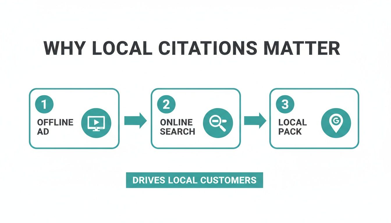 Diagram illustrating how local citations drive local customers through offline ads, online search, and local packs.