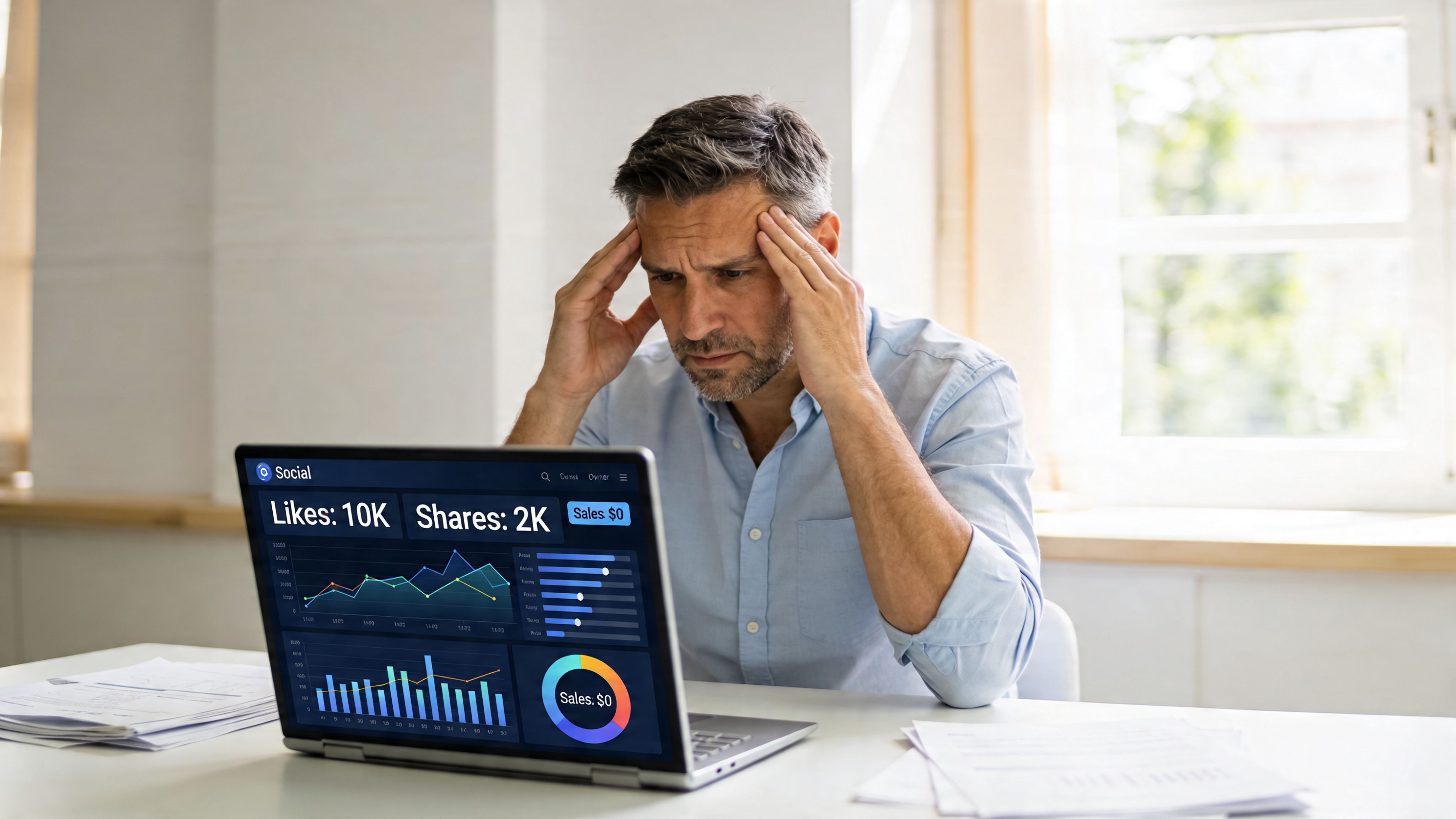 A frustrated businessman sitting at his desk looking at disappointing social media analytics on his laptop screen.