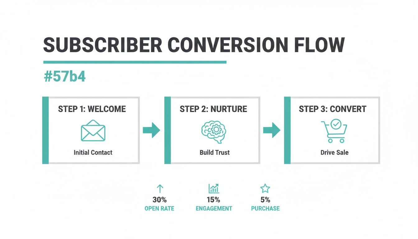 A three-step subscriber conversion flow diagram showing welcome, nurture, and convert stages with key metrics.