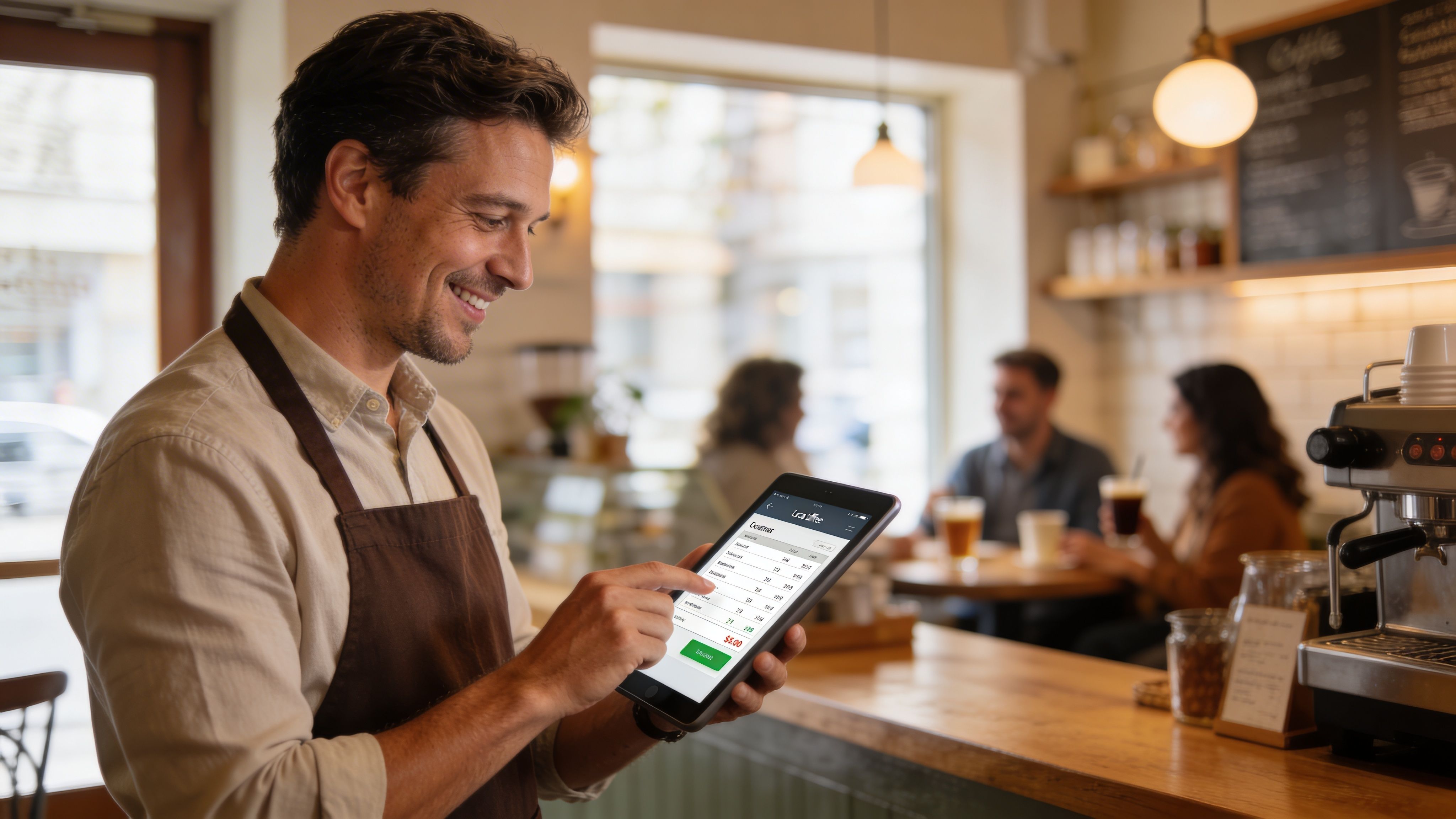 A smiling barista uses a digital tablet to manage customer orders in a cozy, busy coffee shop.