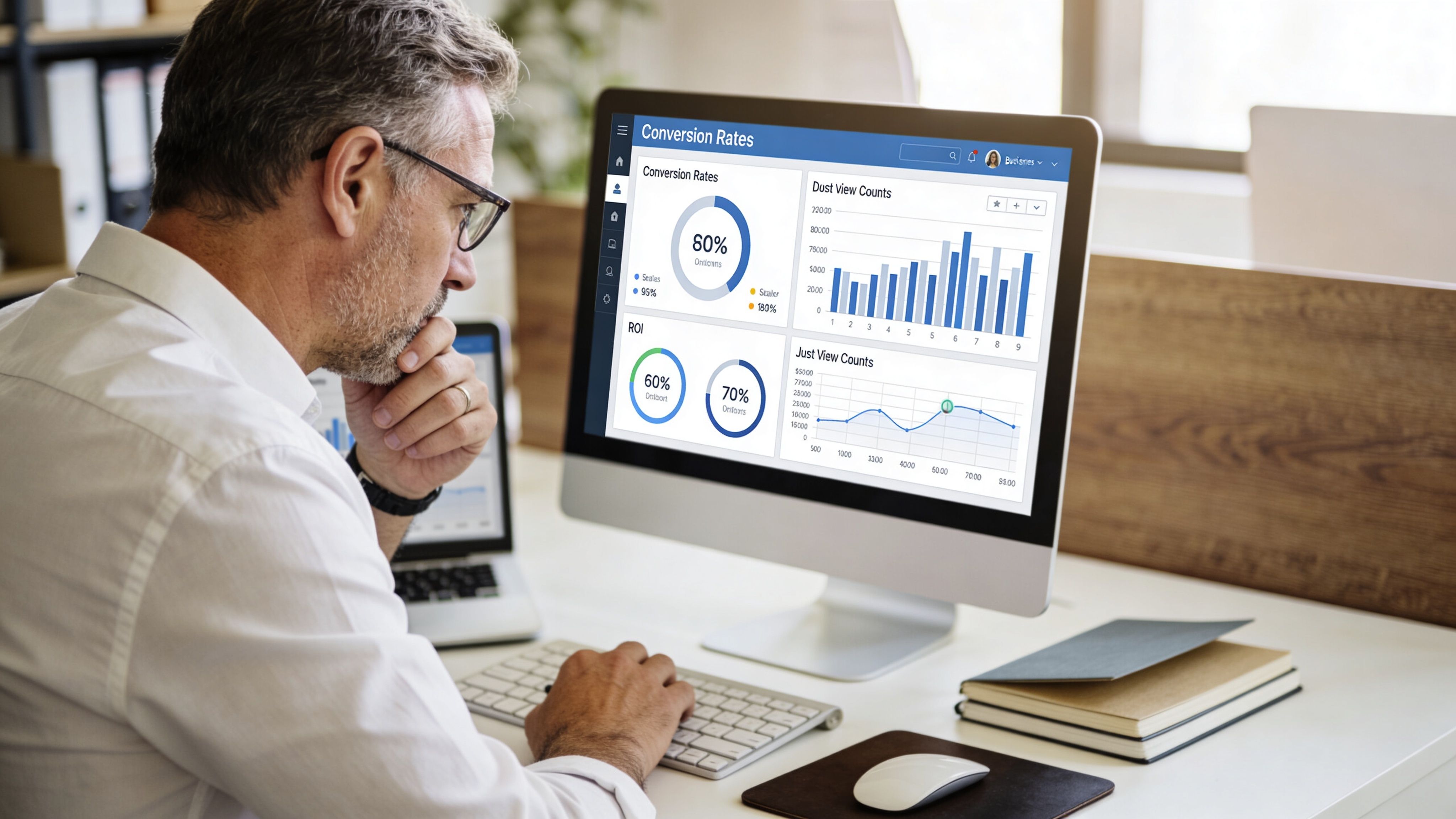 A professional man sitting at his desk, analyzing marketing analytics data on his computer screen in office.