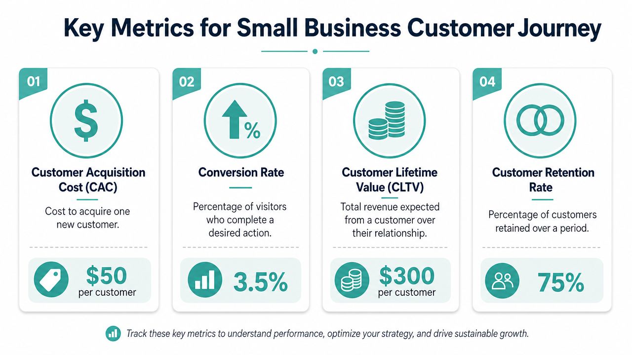 A visual infographic explaining four essential customer journey metrics for small business growth, including CAC, conversion rate, CLTV, and retention.