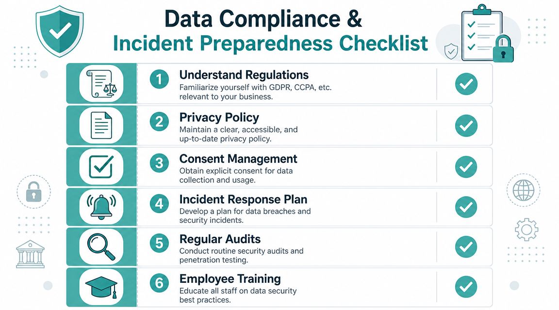 A six-step infographic checklist for maintaining data compliance and preparing for security incidents in business.
