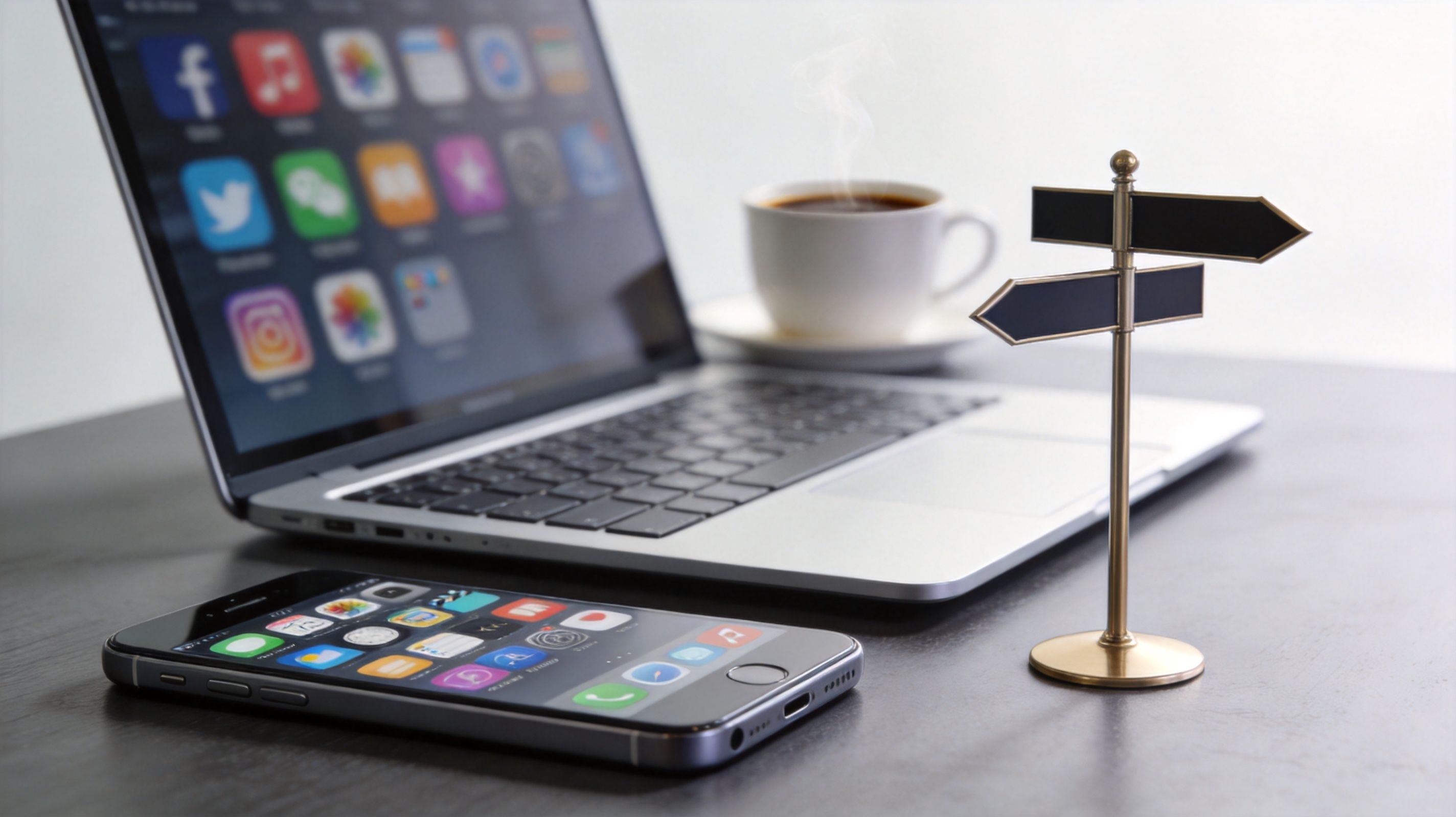 A smartphone, a laptop, and a miniature signpost on a desk, representing digital platform choices.
