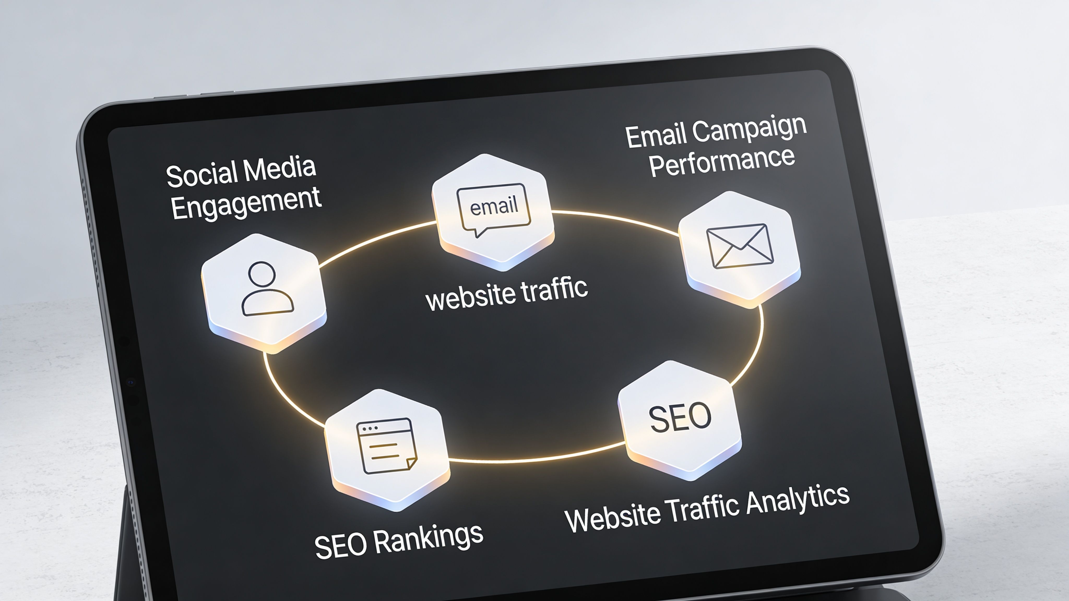 A digital tablet display showing a circular marketing diagram connecting social media, email, and SEO metrics.