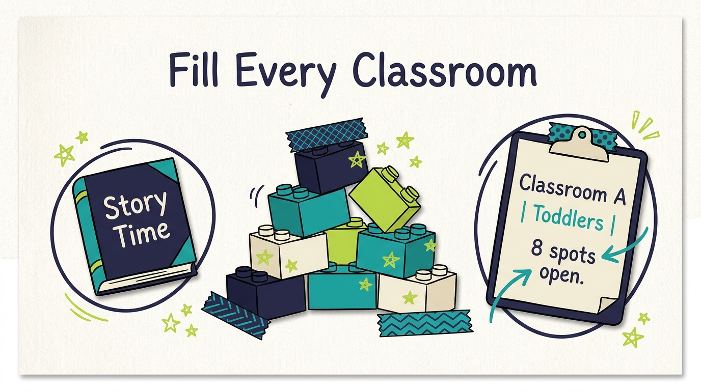 Daycare classroom scene with blocks and storytime book, scrapbook style