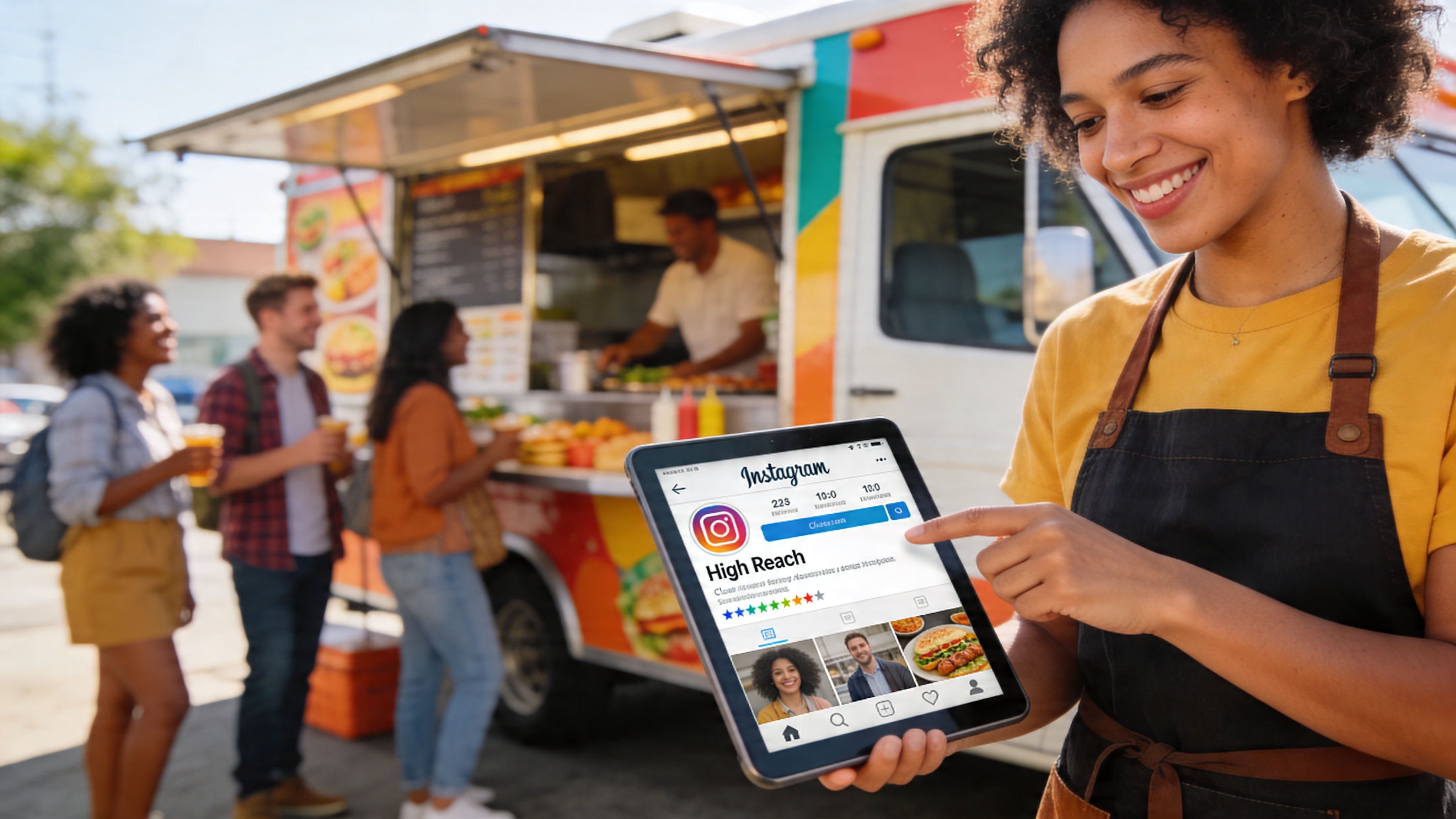 A food truck worker holds a tablet displaying an Instagram business profile for a local food brand.