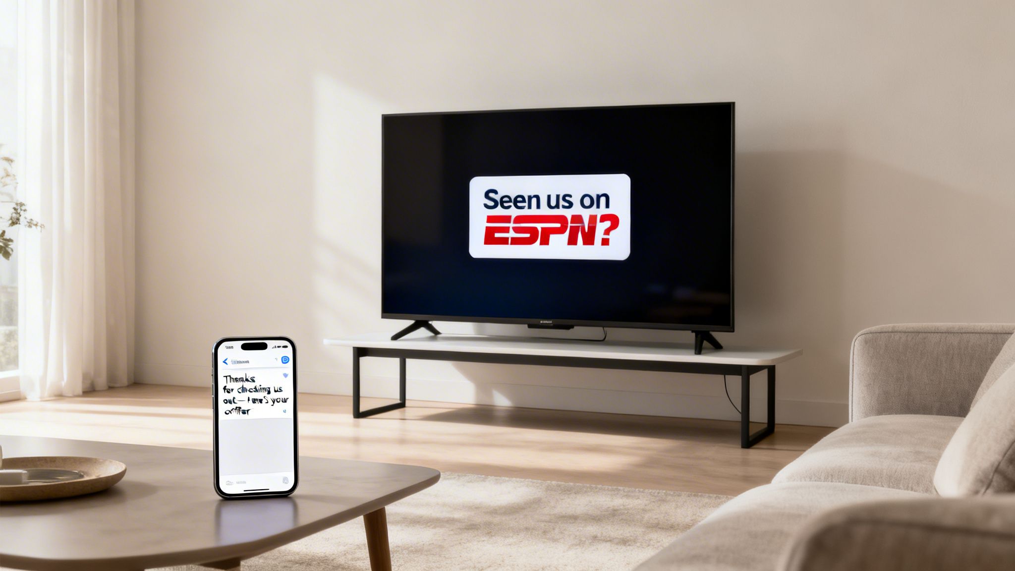 Modern living room with a large TV showing ESPN ad and a smartphone with a welcome message.
