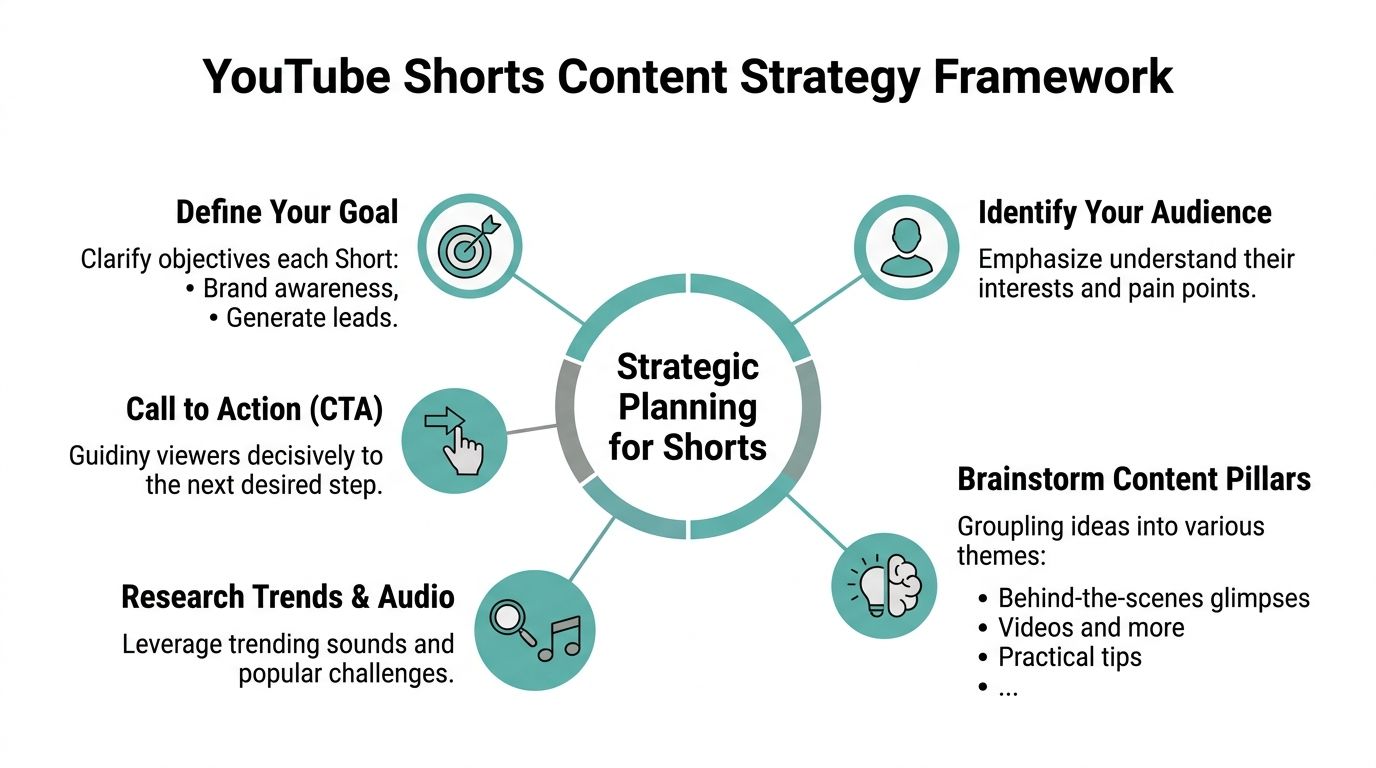 A diagram titled YouTube Shorts Content Strategy Framework, illustrating five key steps for planning short-form video content.