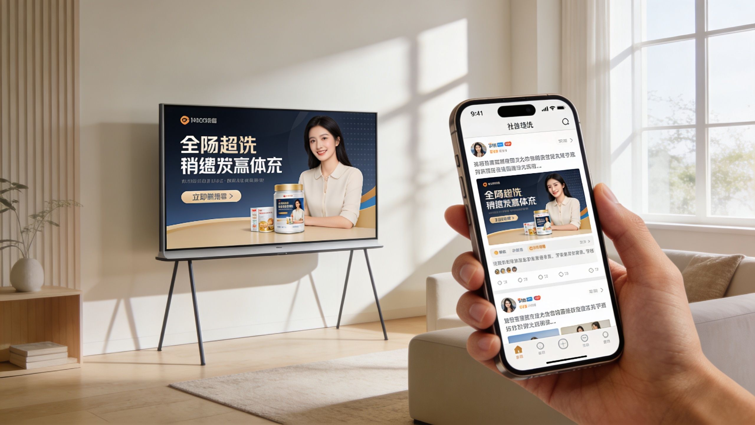 A person holds a smartphone displaying a social media feed featuring advertisements for a nutritional supplement product.