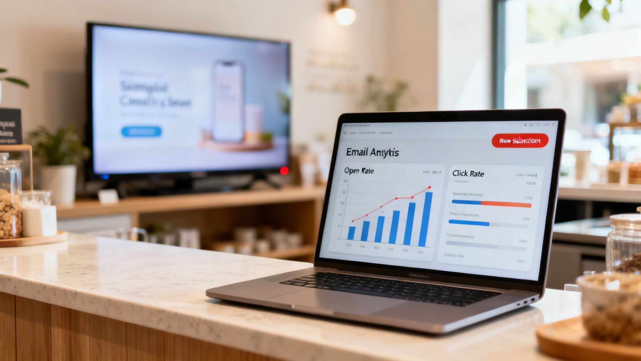 A laptop on a cafe counter displays email marketing analytics showing open rate and click rate graphs.