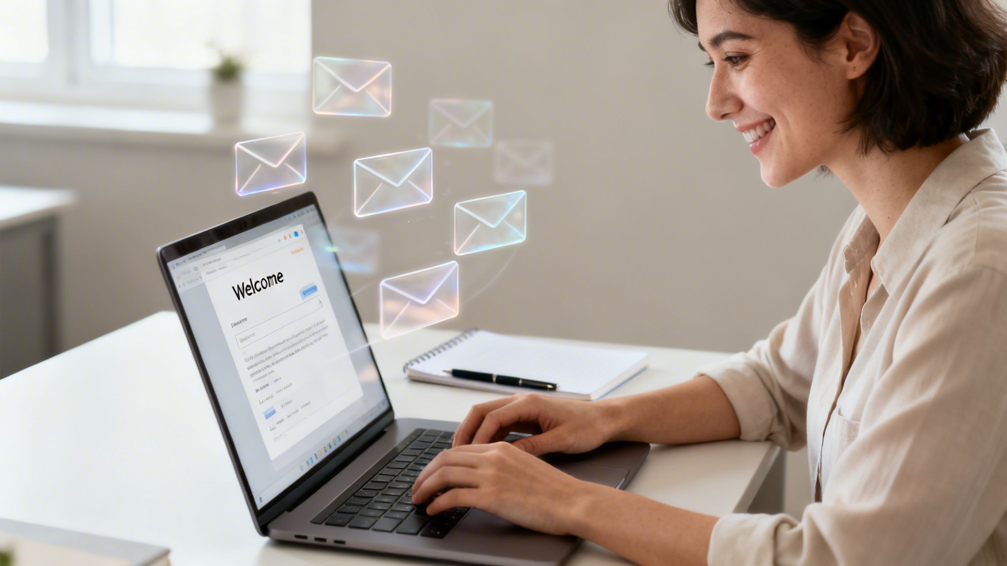 A smiling woman works on a laptop displaying 'Welcome' and surrounded by floating email icons.