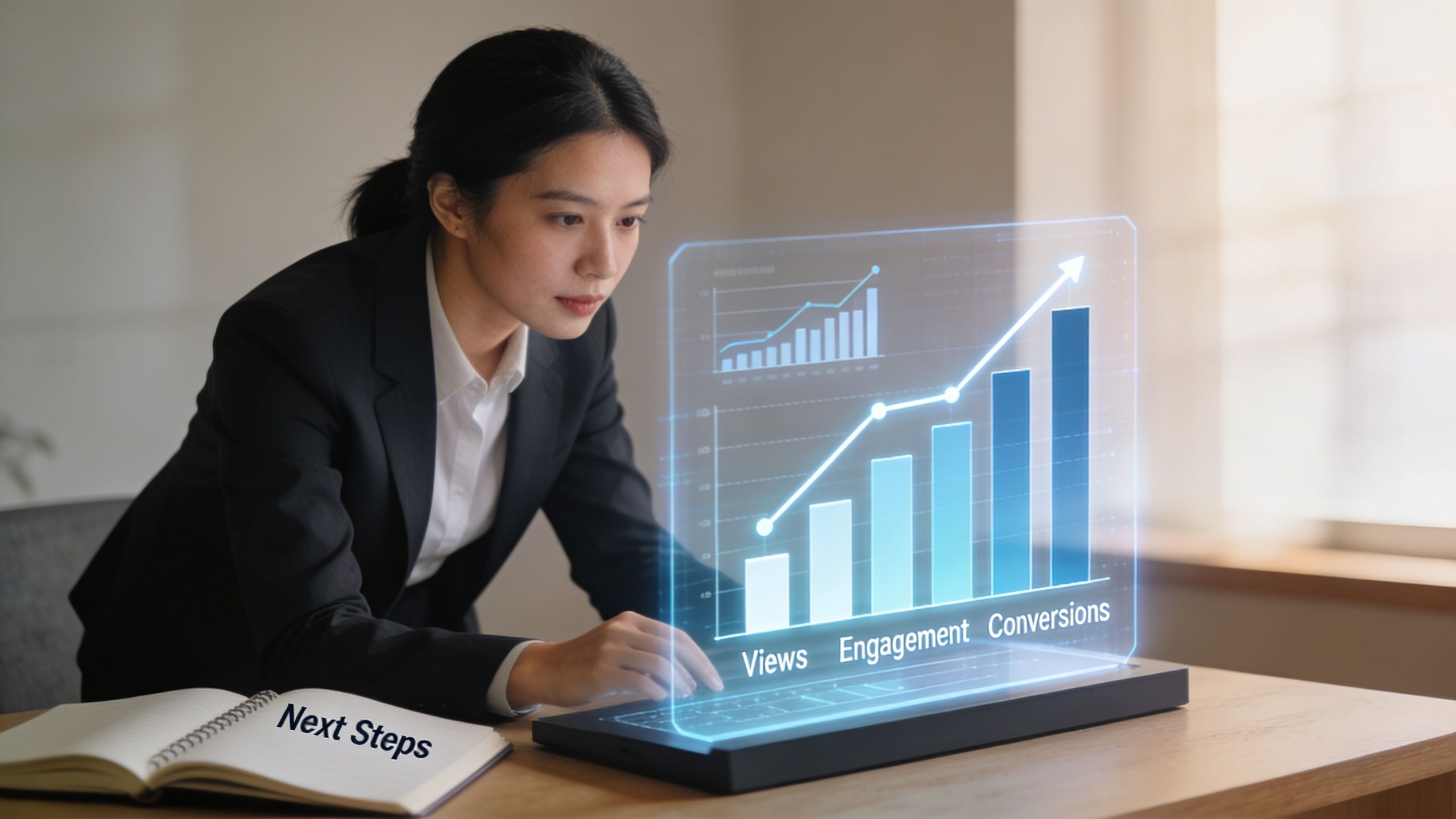A businesswoman analyzes digital growth charts for views, engagement, and conversions on a futuristic transparent computer screen.