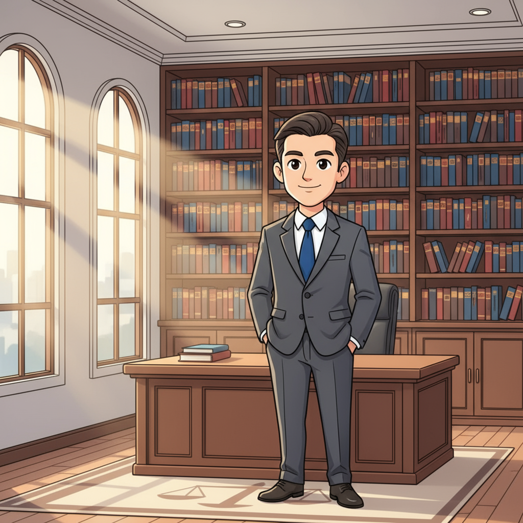 Experienced attorney in business suit standing confidently in modern law office with extensive legal book collection, representing credible legal representation for personal injury, family law, criminal defense, and estate planning TV advertising.