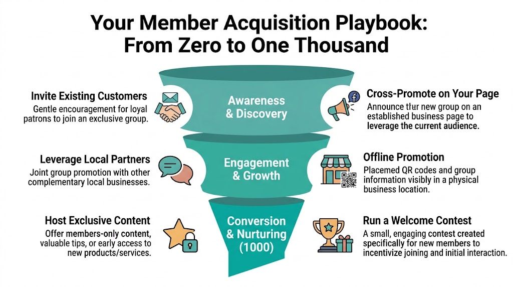 A funnel diagram illustrating a strategy to grow a community group from zero to one thousand members.