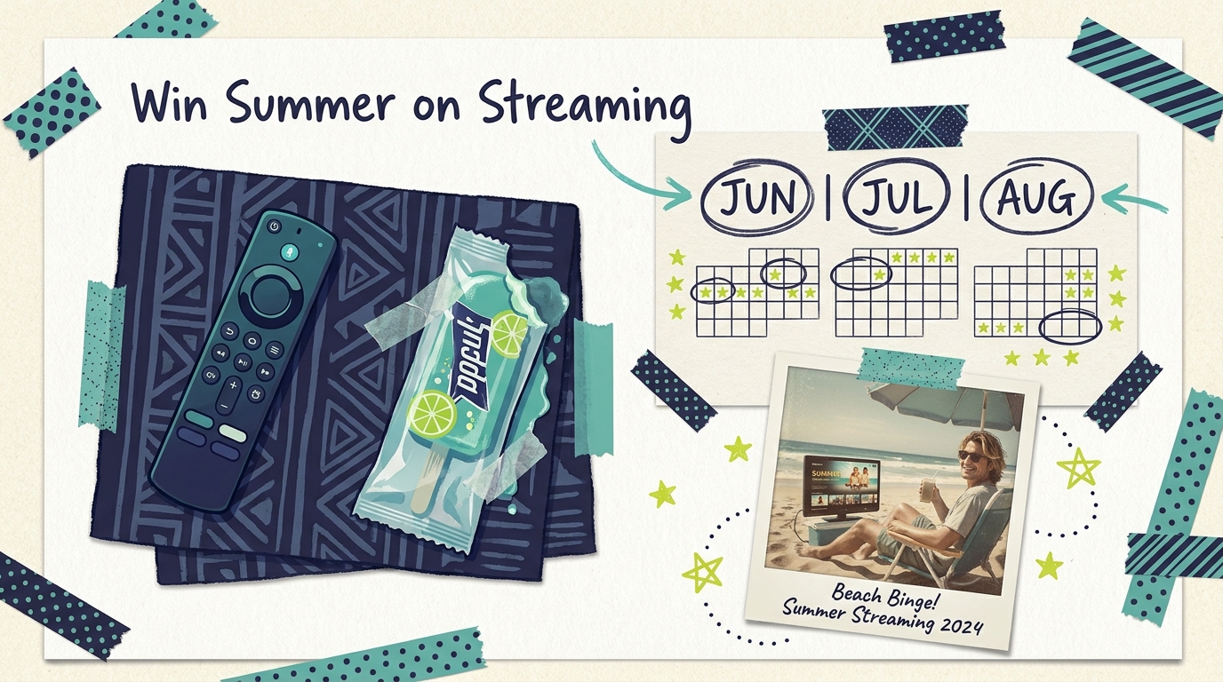 TV remote on beach towel with summer calendar