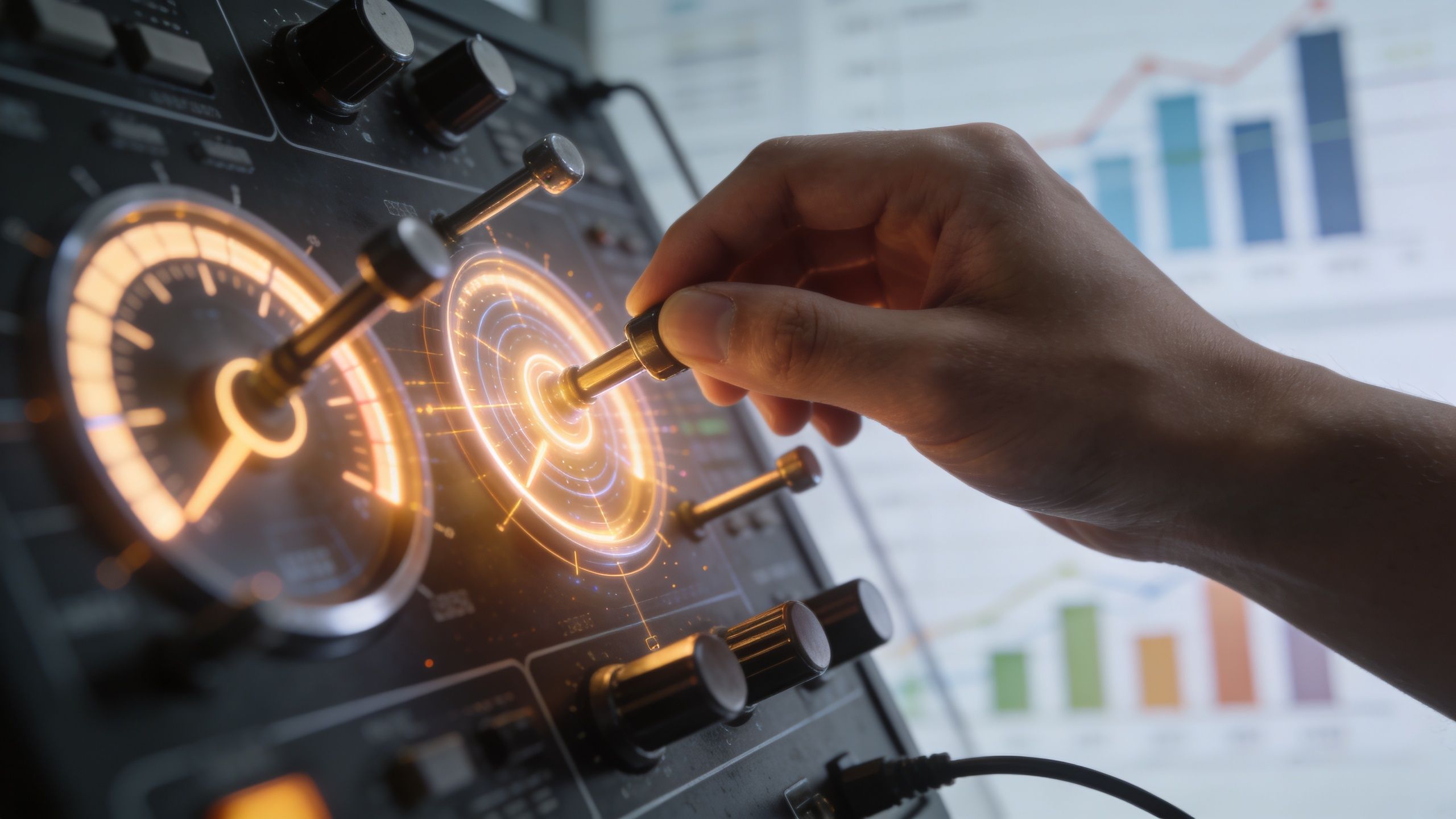 A person adjusting a complex technical control panel with glowing circular dials and digital data visualizations.