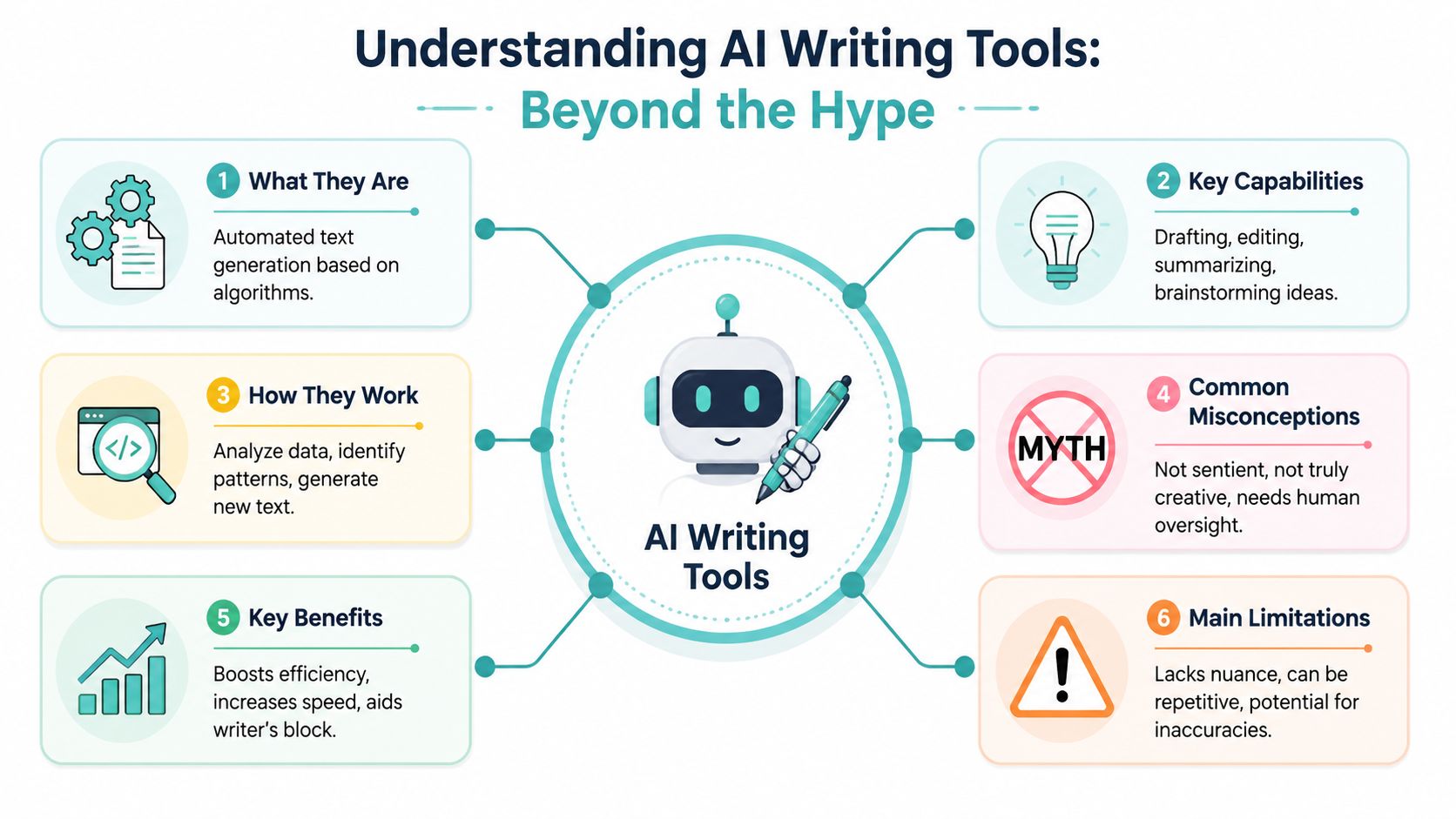 An infographic titled Understanding AI Writing Tools detailing their definition, capabilities, functions, myths, benefits, and limitations.