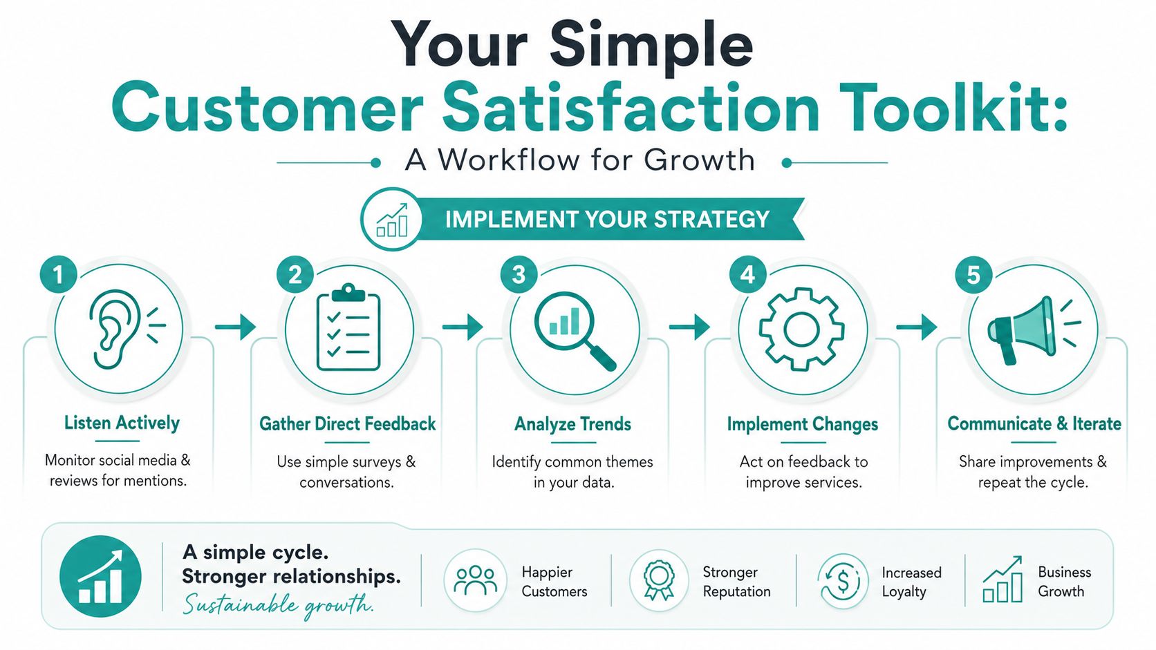 A five-step infographic illustrating a customer satisfaction workflow for business growth, highlighting feedback, analysis, and implementation.