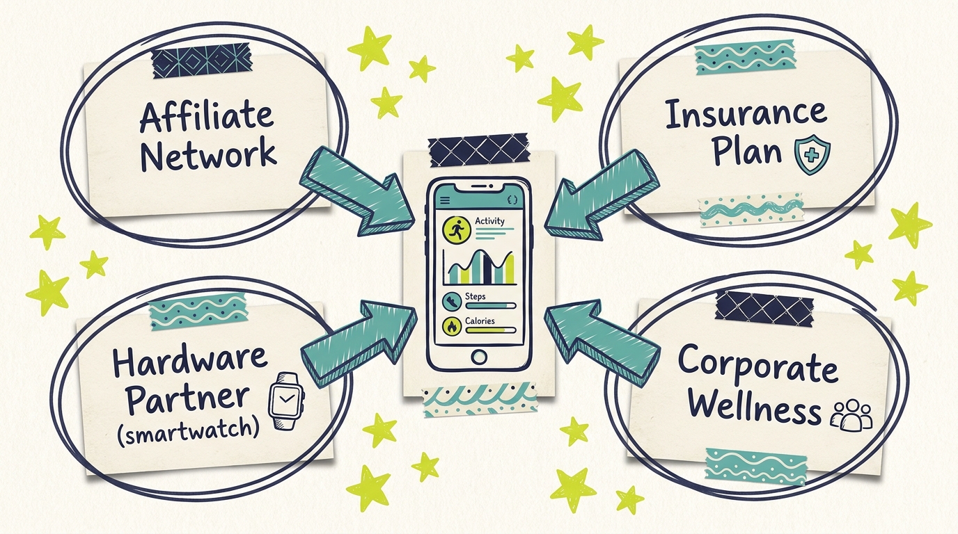 Fitness app partner network with affiliate, hardware, insurance, corporate wellness