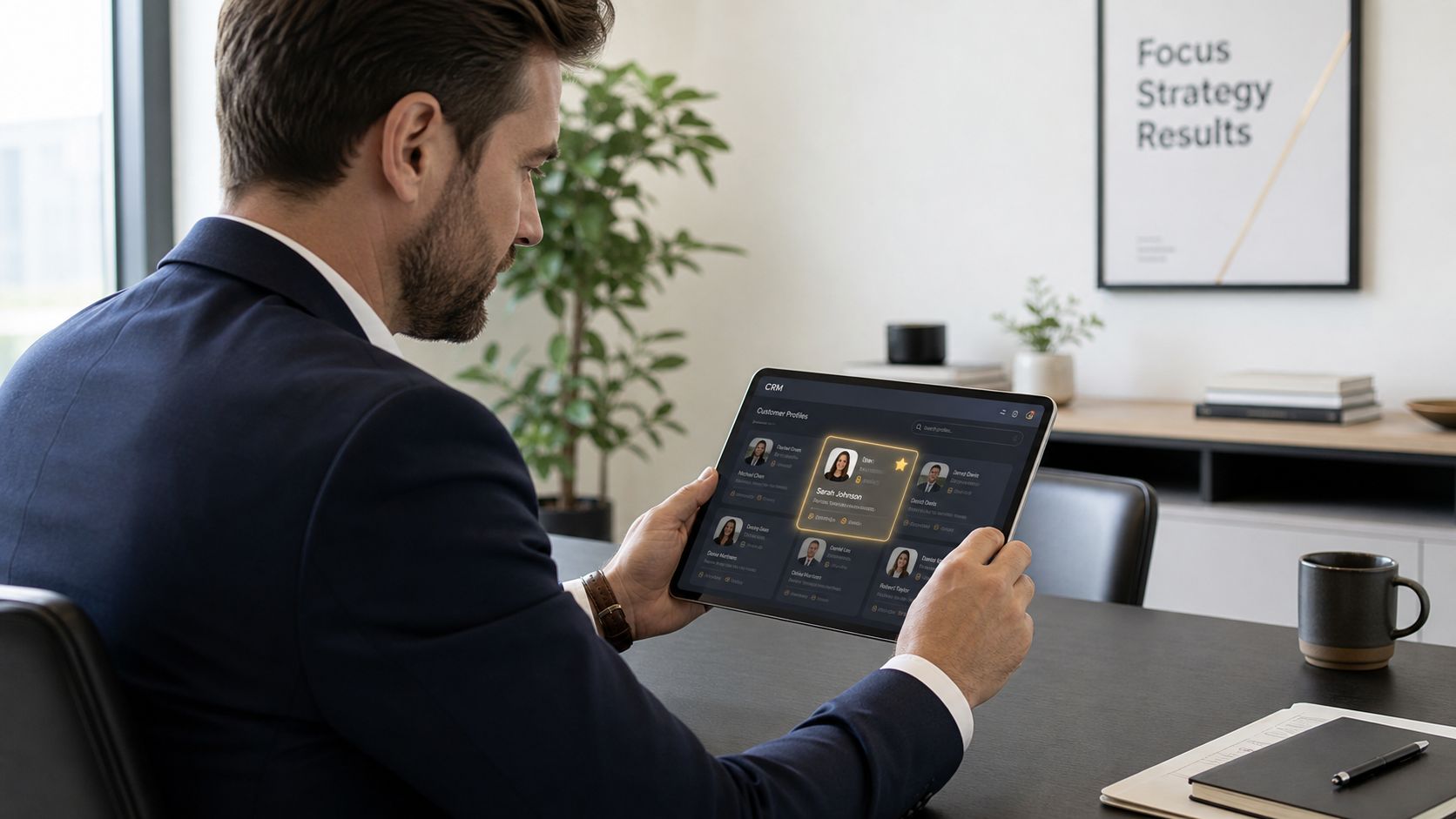 A businessman in a suit reviews digital customer profiles on a tablet in a modern office setting.