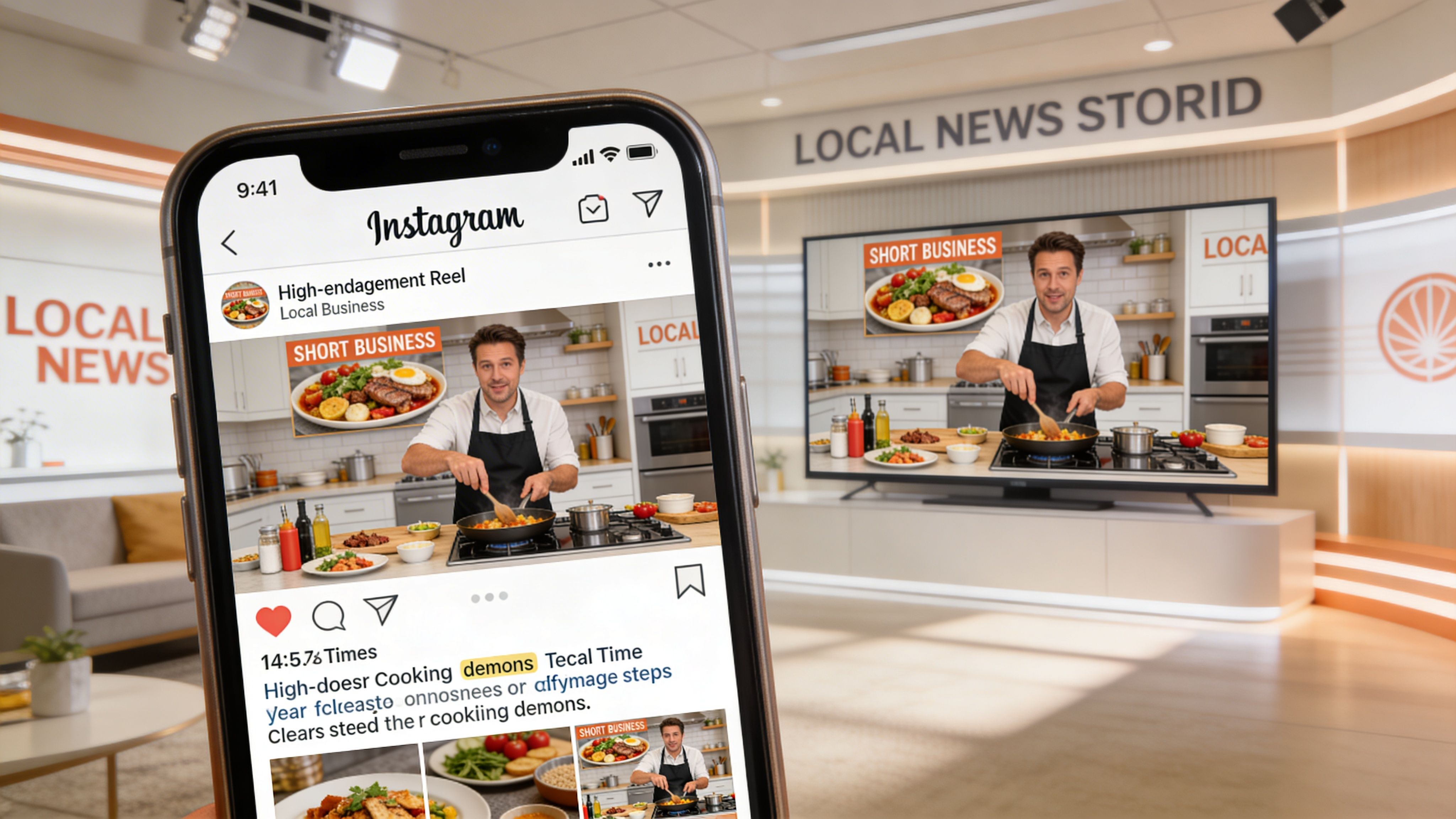 A hand holding a smartphone showing an Instagram cooking reel displayed within a professional news studio set.