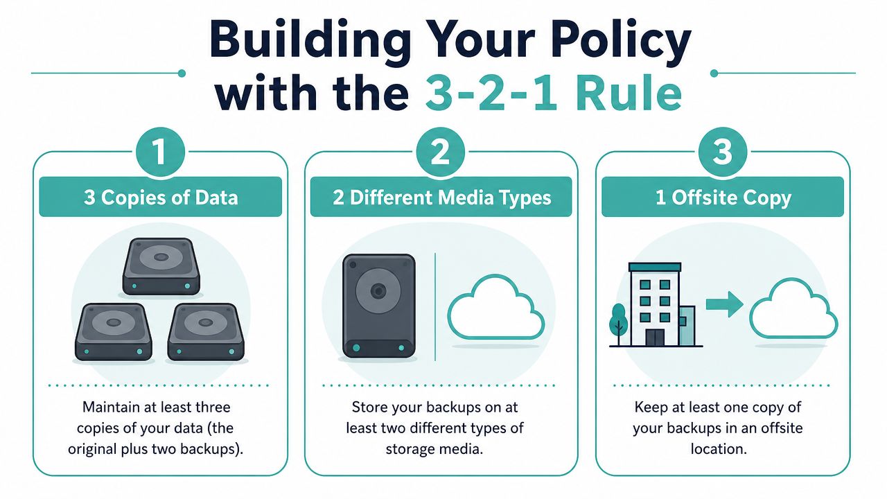 An infographic explaining the 3-2-1 rule for data backup strategies with simple icons and text descriptions.
