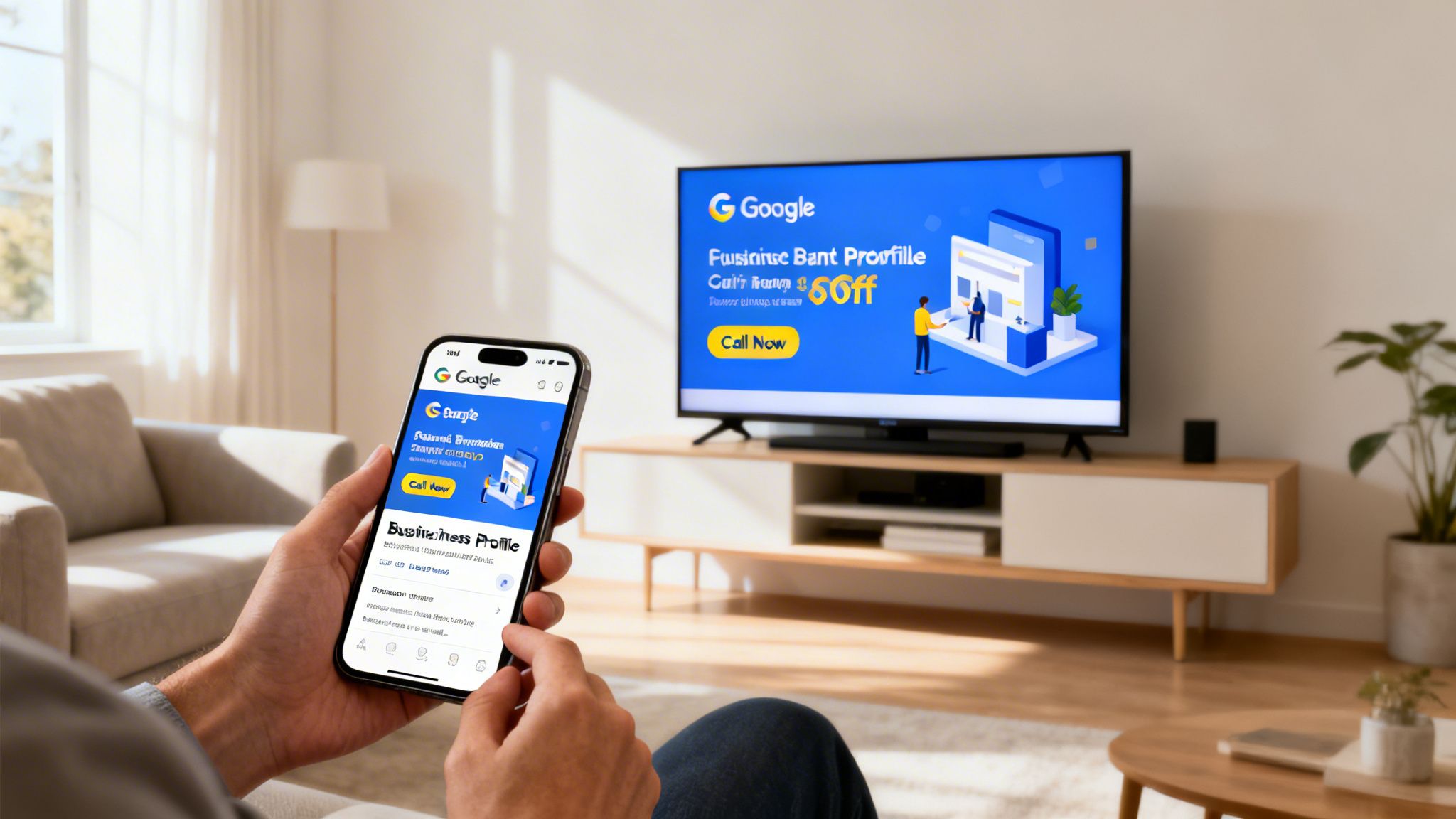 Person holding a smartphone displaying a Google Business Profile ad, with a TV showing a similar Google ad.