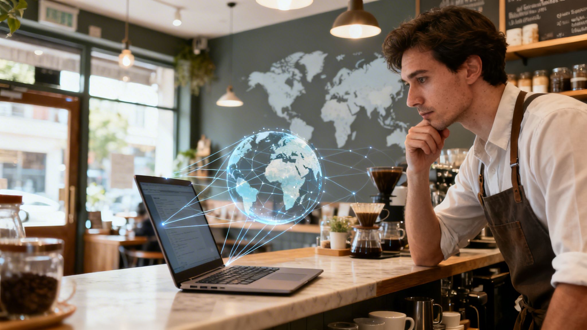 A cafe worker looking thoughtfully at a laptop screen displaying a glowing digital globe and network lines.